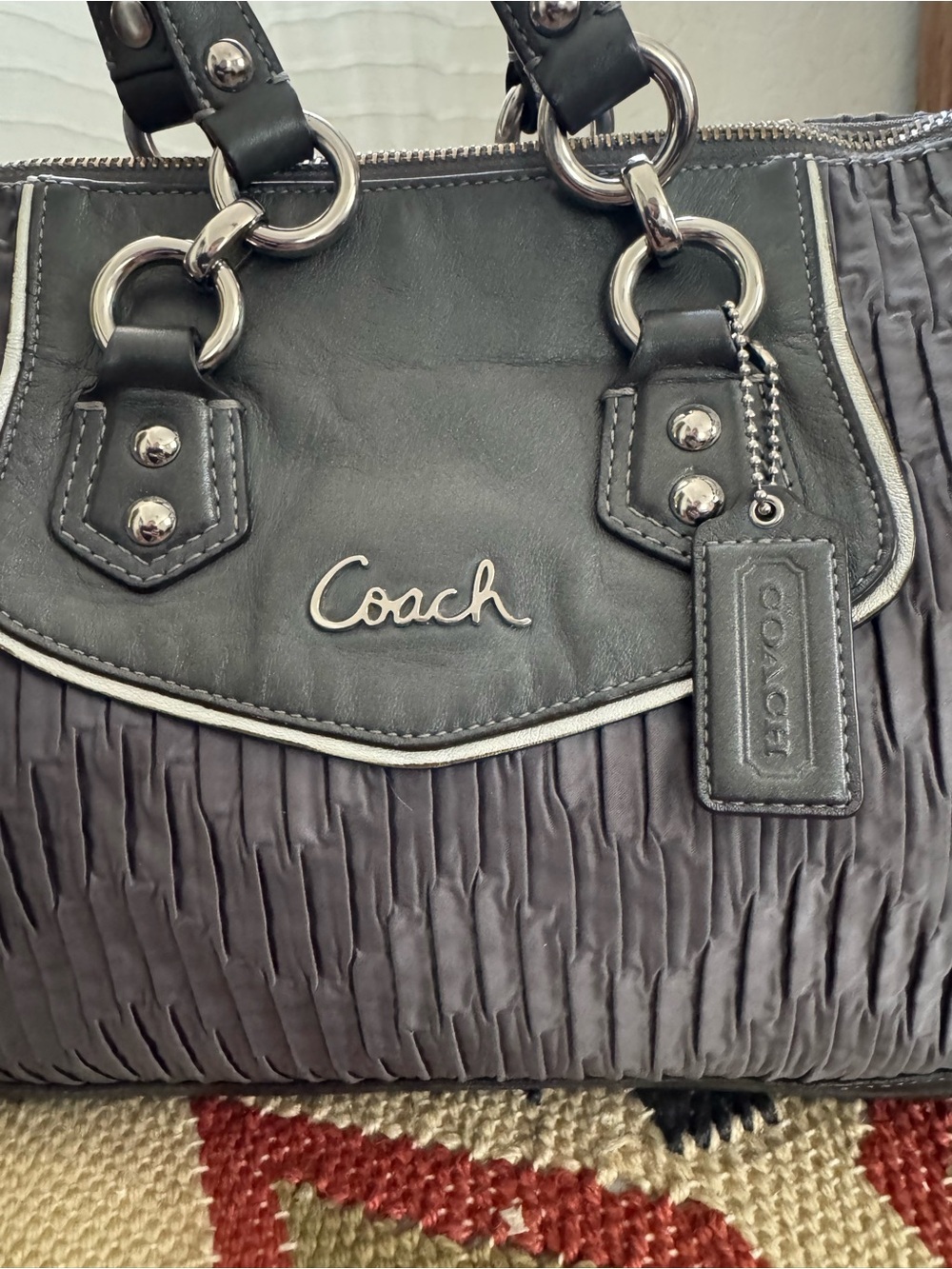 Coach Grey Quilted Nylon Satchel with Leather Trim - Picture 3 of 6